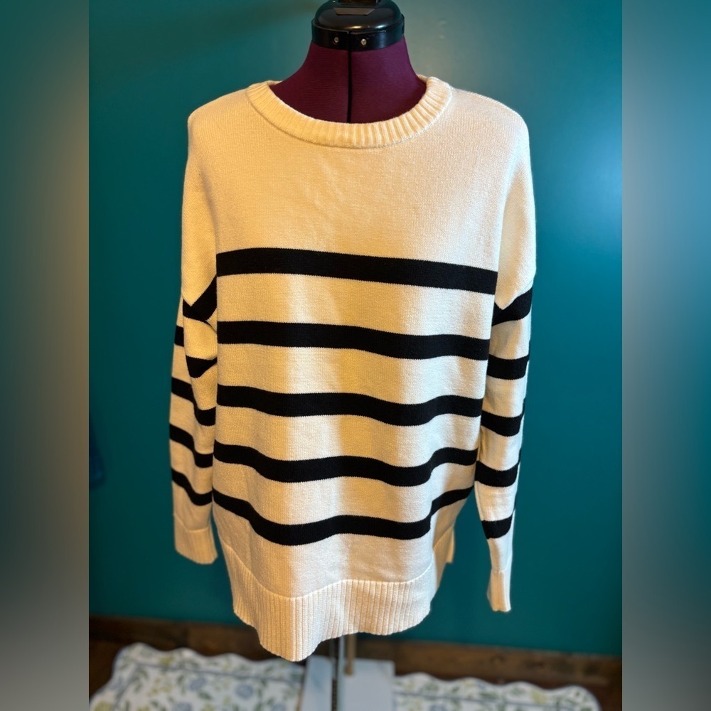 French Connection Black and Cream Crew Neck Sweater